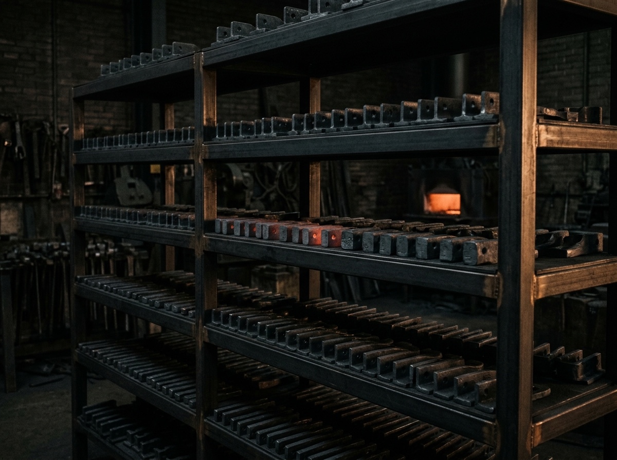 Rows of small forged pieces cooling on dark racks, representing the Fuel Lab engine room and own products