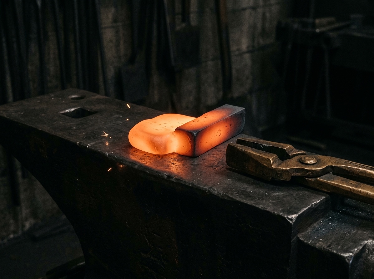 Molten metal mid-shape on a dark anvil-block with a precision tool beside it, representing the Product Studio