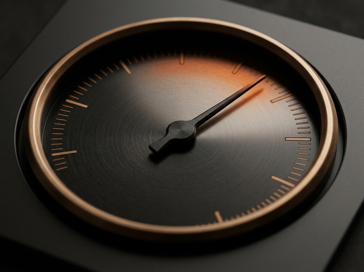 Macro of a forged gauge dial with needle at the upper band and bronze tick marks, representing the 40-point validation score